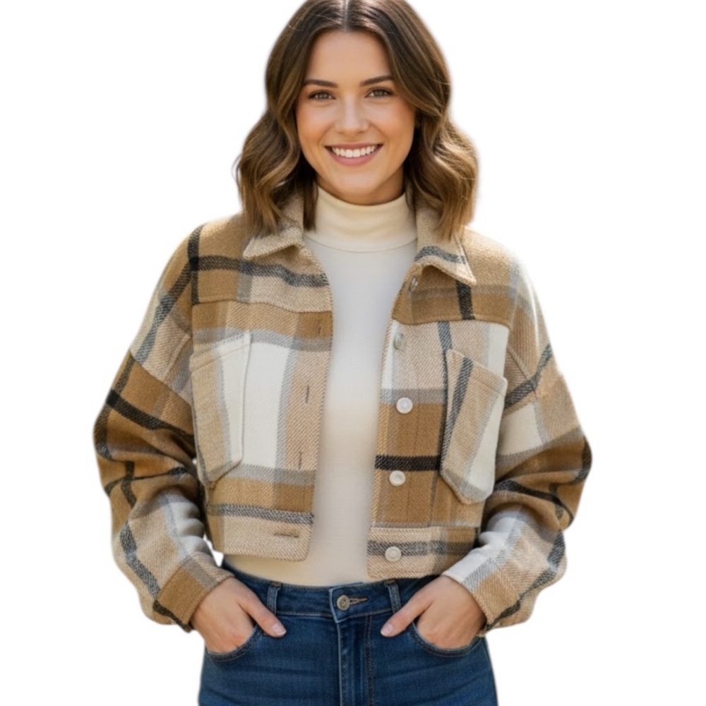 We Love Bella by IL CICER NE Plaid Flannel Cropped Button Up Shacket Jacket S